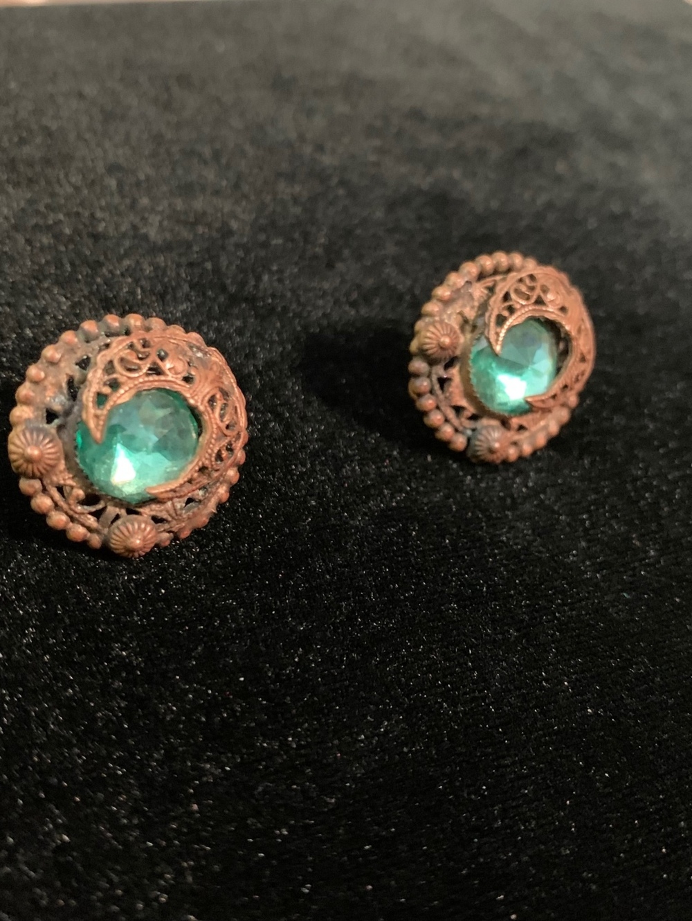 Steampunk Screw Back Earrings Filigree Faux Gemstone Celestial Moon Teal Green